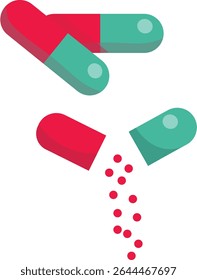 pílula de cápsula aberta com bolas caindo isoladas sobre fundo branco. Ícone de pílulas médicas para hospital, empresa farmacêutica ou farmácias. Ilustrações de vetor