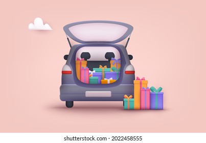 An opened car trunk filled with gift boxes. 3D Web Vector Illustrations.