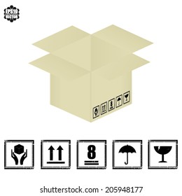 Opened cardboard beige box with black fragile symbol  on white background. Vector illustration.
