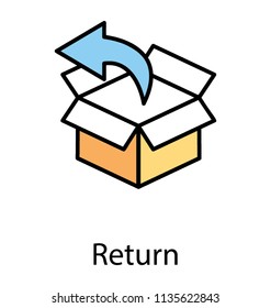 
An opened cardboard box along with an arrow directing in reverse direction showing return icon
