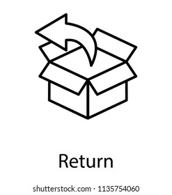 
An opened cardboard box along with an arrow directing in reverse direction showing return icon
