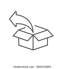 Una caja de cartón abierta junto con una flecha que dirige en dirección inversa mostrando el icono de retorno