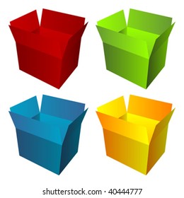 Opened cardboard box with different colors isolated over white