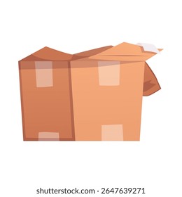 Opened cardboard box flat icon. Carton packaging box wrapped scotch tape. Delivery cargo brown paper package, transportation protection isolated on white. Cartoon stuff basement storage