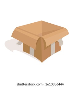 Opened cardboard box in flat style on white background. Vector isolated illustration of gift post parcel.
