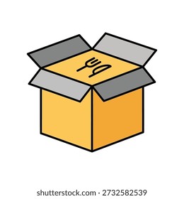 Opened cardboard box with fork and knife, delivery concept, simple illustration, food delivery