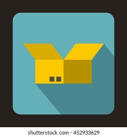 Opened cardboard box icon in flat style on a baby blue background
