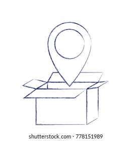 opened cardboard box with map pointer on top in dark blue blurred silhouette