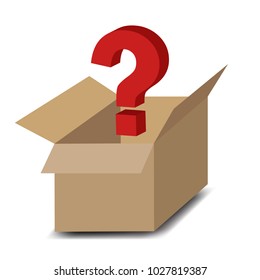 opened cardboard box with question mark 