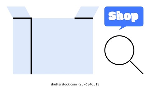 Opened cardboard box with search icon and shop text in blue speech bubble. Ideal for shopping, e-commerce, delivery, online stores, customer service. Simple vector style