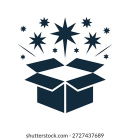 Opened cardboard box with stars and explosion coming out of it icon