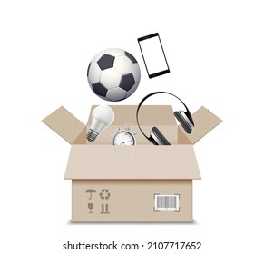 Opened Cardboard Box With Things Inside. Isolated On White Background. Vector Illustration