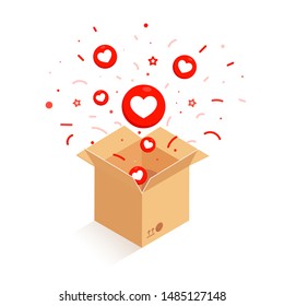 Opened cardboard, carton box with heart icon isolated on blue background. Social media icon, empathetic emoji reactions