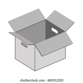 Opened cardboard moving box right angle isometric view, grey vector drawing illustration