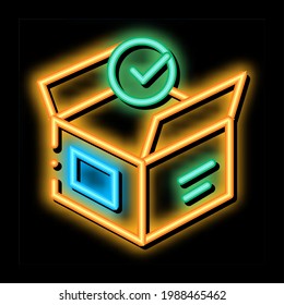 Öffnen des Kartons Anerkanntes Element Neon Leuchtzeichen Vektor. Leuchtendes Symbol, transparentes Symbol