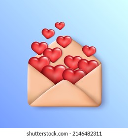 Opened cartoon envelope full of red chubby hearts. 3d rendering love letter isolated on blue background. Vector illustration EPS 10