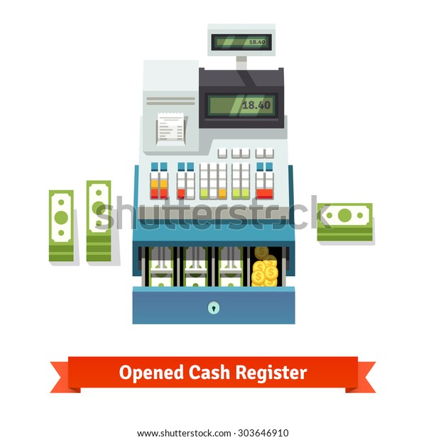 Opened cash register with printed receipt,\
paper money stacks and coins inside the box. Flat style vector\
illustration isolated on white\
background.