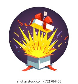 Opened celebration gift box with red ribbon bow, confetti explosion, magic light fireworks. Exploding holiday present & birthday congratulation card template. Flat style vector isolated illustration.