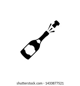 Opened Champagne Bottle, Cork Explosion. Flat Vector Icon illustration. Simple black symbol on white background. Opened Champagne Bottle, Explosion sign design template for web and mobile UI element