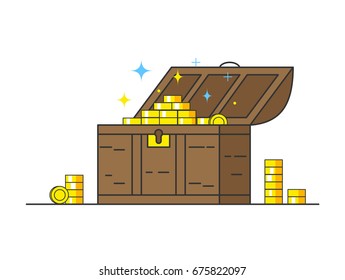 Opened  chest with golden coins in linear style,  vector illustration isolated on white background.
