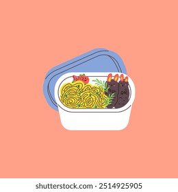 Opened childish bento box with food decorated with emoticons. Cartoon lunchbox with pasta and cutlets. Plastic container with lid. Vector flat illustration isolated. View from above. Kids menu