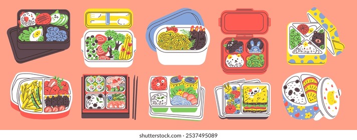 Opened childish bento box with food decorated with smiley emoticons. Cartoon lunchbox with various dishes. Divided plastic container with lid. View from above. Kids menu vector flat set isolated