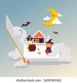 Opened children book with fairy tale about little witch vector illustration, red haired girl and woman cartoon characters brew a potion. Reading and education concept. Storytelling for Halloween.