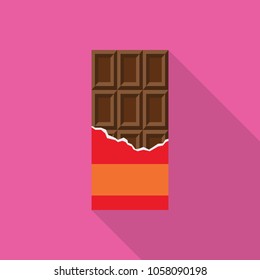 Opened Chocolate bar in a red wrapper flat icon with long shadow isolated on pink background. Simple chocolate in flat style, vector illustration.