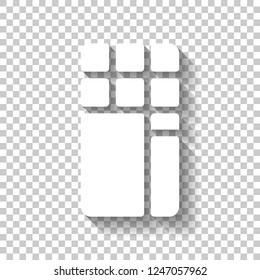 Opened chocolate wrapped into package. White icon with shadow on transparent background