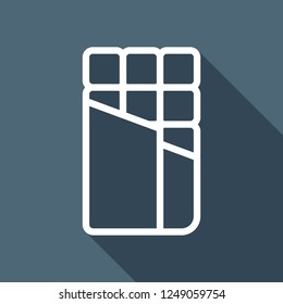 Opened chocolate wrapped into package. Outline linear icon. White flat icon with long shadow on blue background