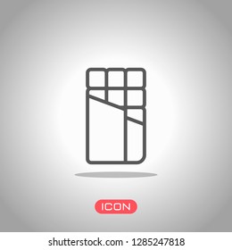 Opened chocolate wrapped into package. Outline linear icon. Icon under spotlight. Gray background