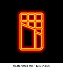 Opened chocolate wrapped into package. Outline linear icon. Orange neon style on black background. Light icon