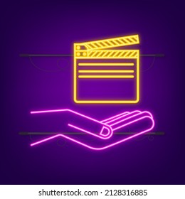 Opened clapperboard in hand. Movie clapperboard neon icon. Vector stock illustration.