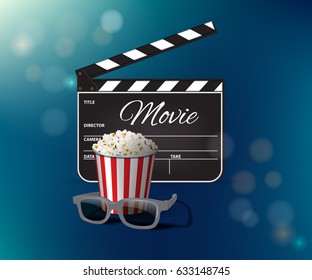 Opened clapperboard, popcorn and 3D glasses on blue background. Vector illustration.