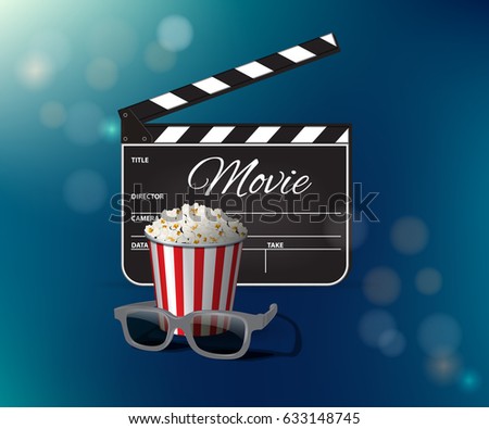 Opened clapperboard, popcorn and 3D glasses on blue background. Vector illustration.