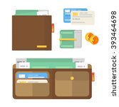 Opened and close wallet with some money, credit cards and coin.Flat style vector illustration.