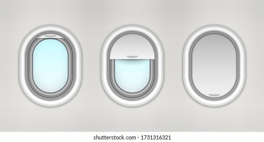Opened and closed airplane porthole or plane window. Half-opened shades on air vehicle windows. Set of isolated jet cabin illuminator design. Aviation hole. Fly and flight, trip and sky theme