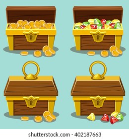 Opened and closed antique treasure chest. Vector illustration.