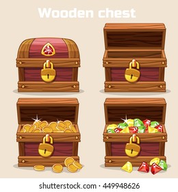 Opened and closed antique treasure chest. Vector illustration.