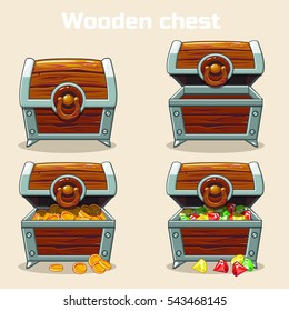 Opened and closed antique treasure chest with coins and diamonds, set icons 3, game and UI elements