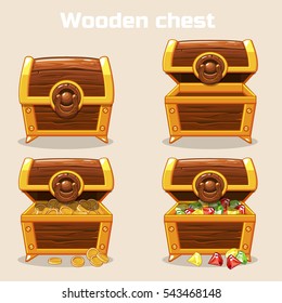 Opened And Closed Antique Treasure Chest With Coins And Diamonds, Set Icons, Game And UI Elements