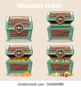 Opened and closed antique treasure chest with coins and diamonds, set icons 2, game and UI elements