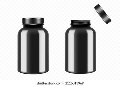 Opened and closed black plastic medical pill bottles, 3d realistic vector illustration. Mock Up Template set of medicine package for pills, capsule, drugs, isolated on white background