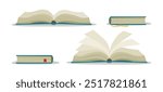 Opened and closed book set. Books with bookmarks and fluttering pages isolated vector illustration