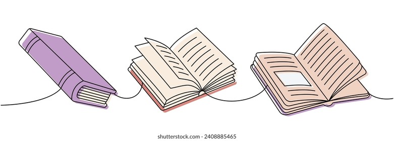 Libros abiertos y cerrados. Volver a la escuela un dibujo continuo de una línea de color. Accesorios escolares ilustraciones continuas de una línea.