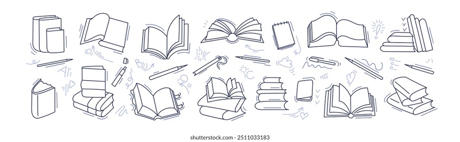 Opened and closed books for education, knowledge, literature to school. Hand drawn line illustration on white background. Encyclopedia, story, dictionary icons. Vector doodle set. Editable stroke