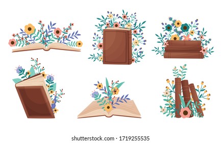 Opened and Closed Books Lying and Standing With Floral Compositions Behind Them Vector Set