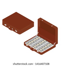 Opened and closed brown briefcase with million dollars isometric view
