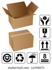 Opened and closed cardboard box with black fragile symbol