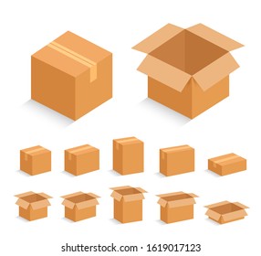 Opened and closed cardboard box. Vector illustration.